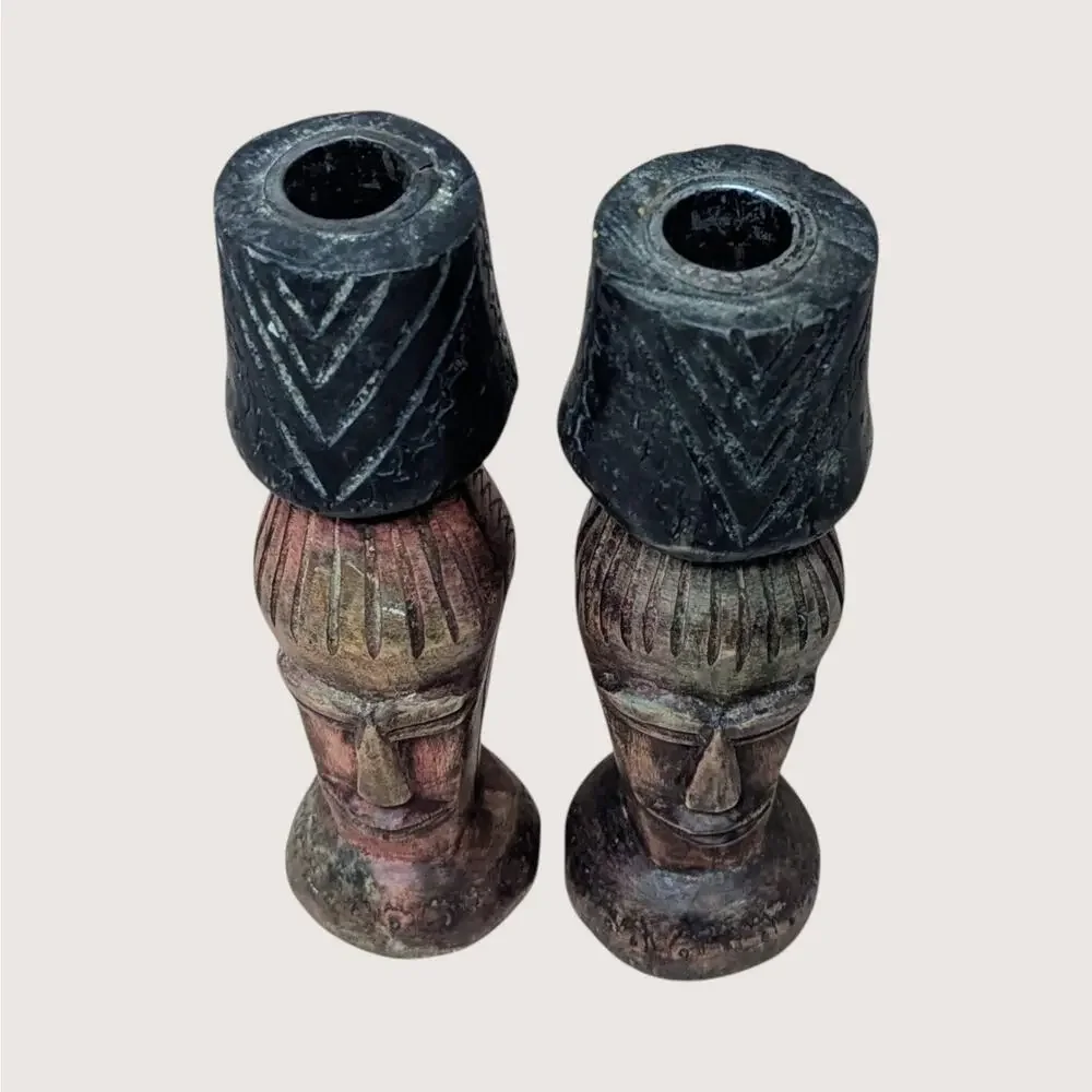 Vintage Hand Carved Wooden Figural Candle Holder Pair